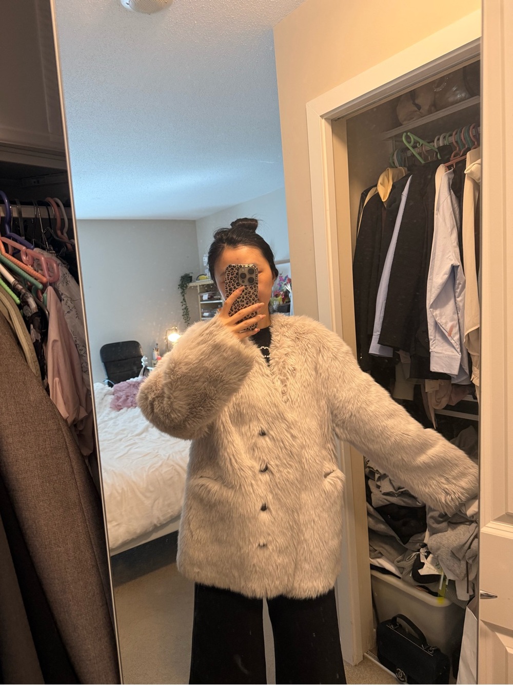 Faux Fur Coat in Light Gray - Women’s Plush Jacket
